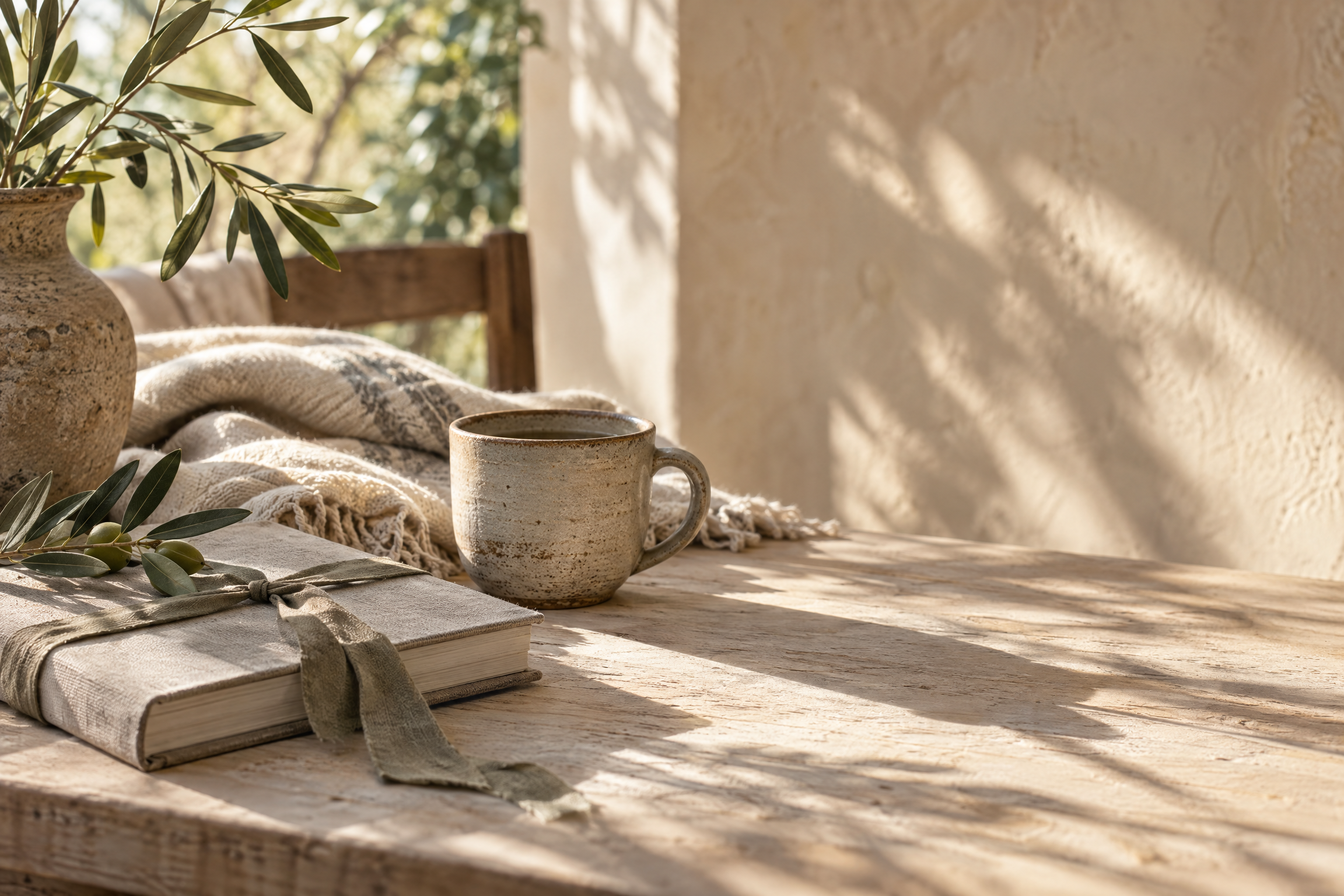 Un carnet et une tasse dans une atmosphère calme et lumineuse