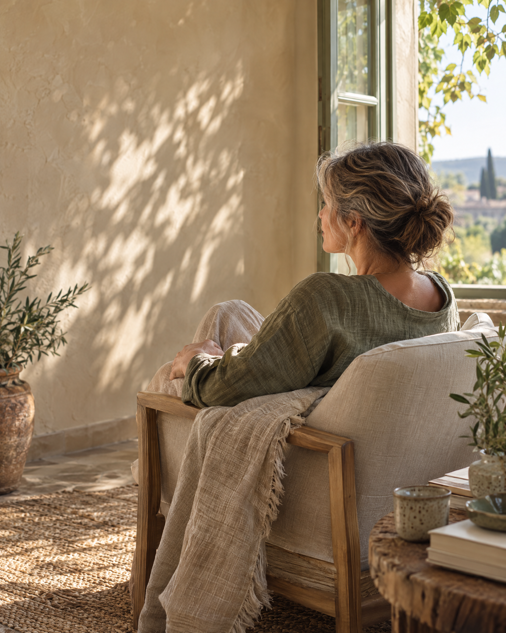 Femme assise près d’une fenêtre, dans une lumière douce